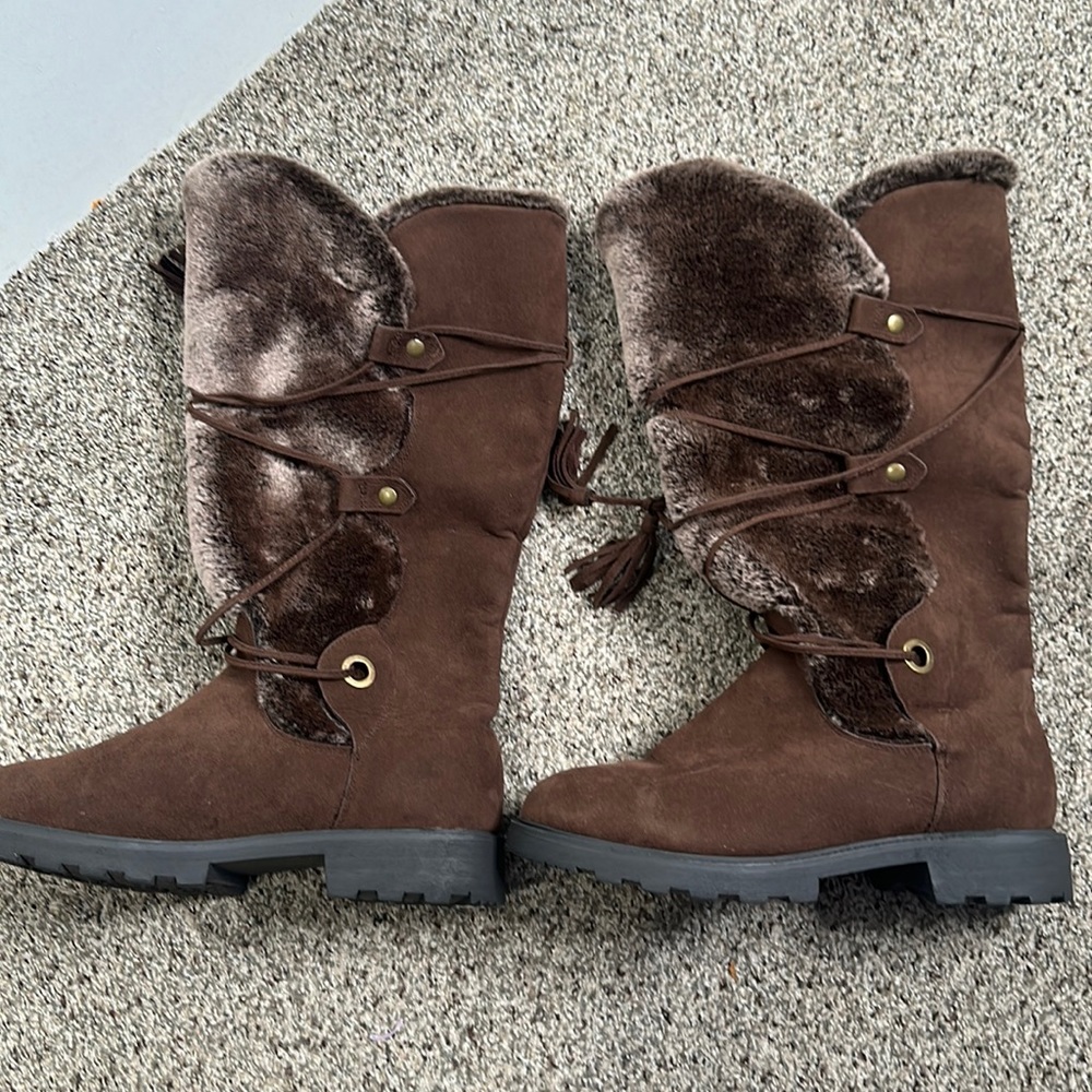 JF brown suede faux fur lace up boots size 7